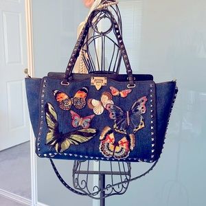 valentines Garavani rockstud trapeze butterfly embodied denim tote shoulder bag